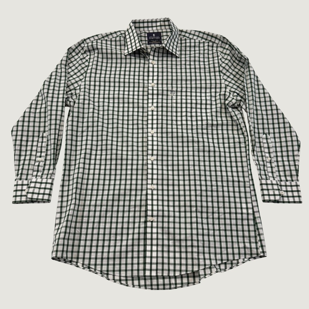 Stafford Travel Dress Shirt Mens 16.5 32/33 Green Gingham Fitted Long Sleeve NWT
